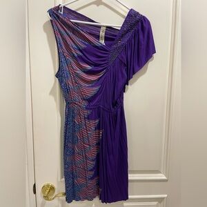 Free People Asymmetrical One-Shoulder Beaded Purple Printed Mini Dress Small NWT